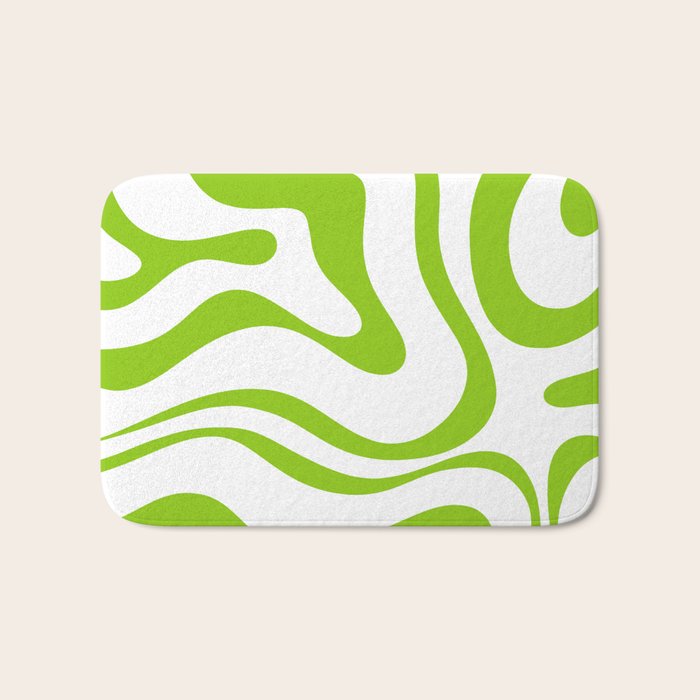 Retro Modern Liquid Swirl Abstract Pattern Bright Lime Green and White Bath Mat Gallery Image 1