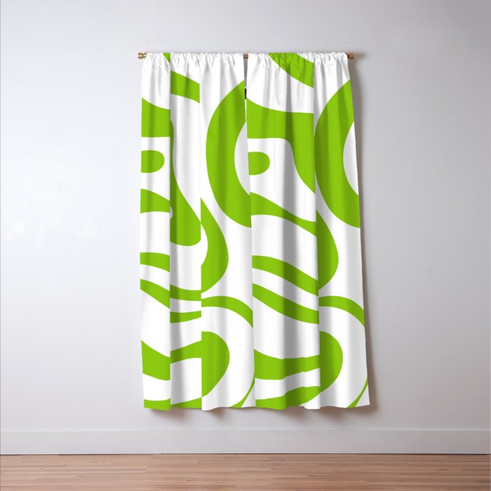 Retro Modern Liquid Swirl Abstract Pattern Bright Lime Green and White Window Curtain Gallery Image 3