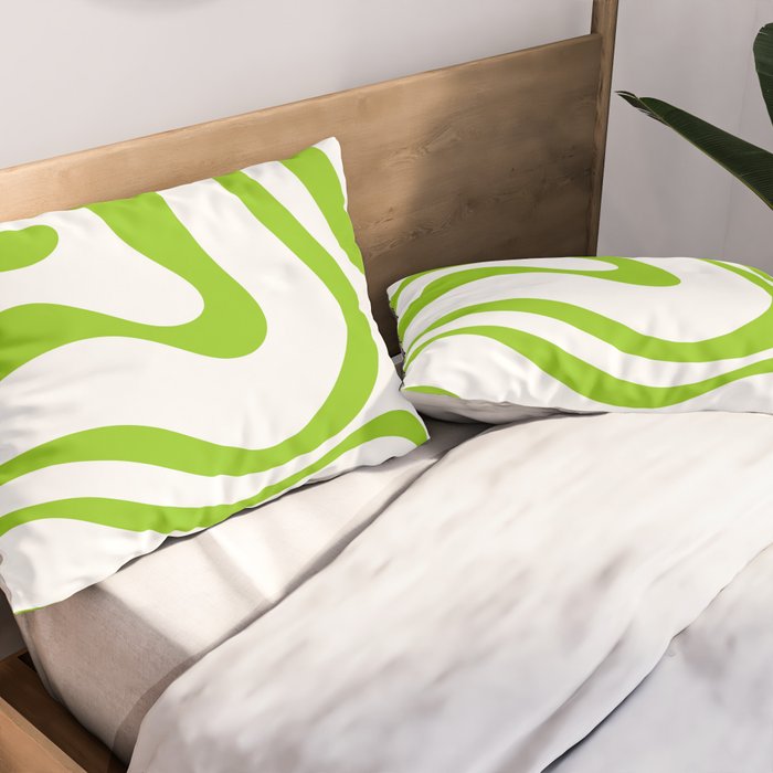 Retro Modern Liquid Swirl Abstract Pattern Bright Lime Green and White Pillow Sham Gallery Image 2
