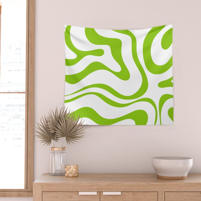 Retro Modern Liquid Swirl Abstract Pattern Bright Lime Green and White Wall Tapestry Gallery Image 2