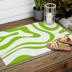 Retro Modern Liquid Swirl Abstract Pattern Bright Lime Green and White Outdoor Rug Gallery Image 2