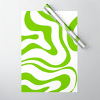 Retro Modern Liquid Swirl Abstract Pattern Bright Lime Green and White Wrapping Paper Gallery Image 1