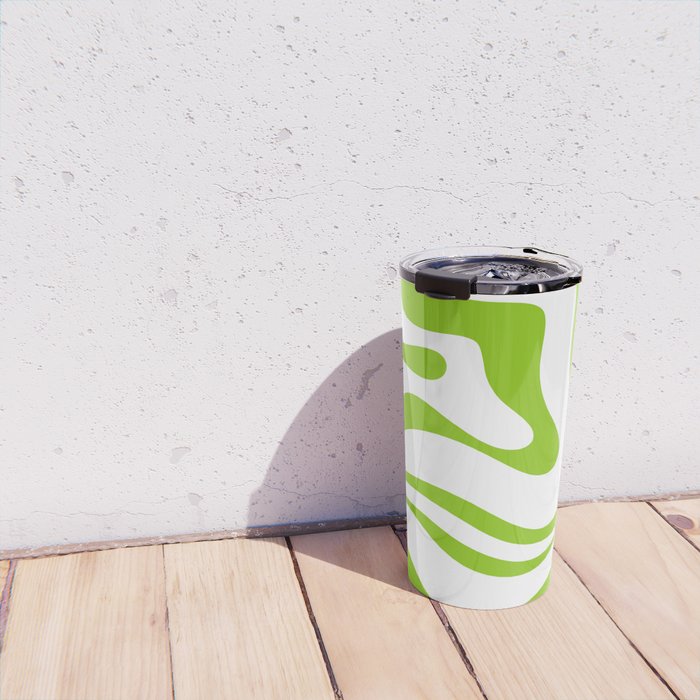 Retro Modern Liquid Swirl Abstract Pattern Bright Lime Green and White Travel Mug Gallery Image 4