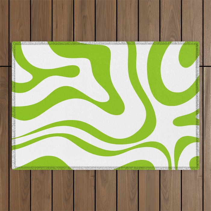 Retro Modern Liquid Swirl Abstract Pattern Bright Lime Green and White Outdoor Rug Gallery Image 1