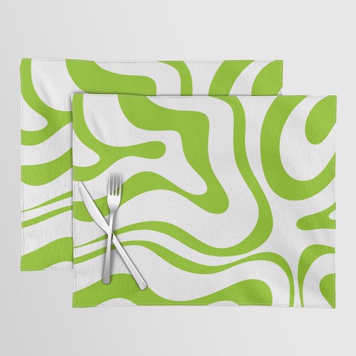 Retro Modern Liquid Swirl Abstract Pattern Bright Lime Green and White Placemat Gallery Image 1