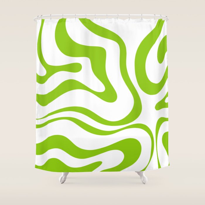 Retro Modern Liquid Swirl Abstract Pattern Bright Lime Green and White Shower Curtain Gallery Image 1