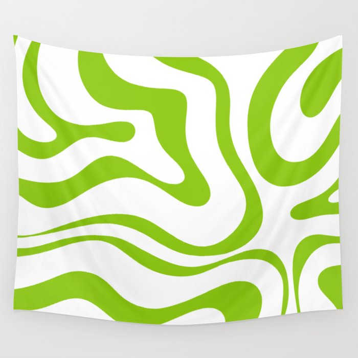 Retro Modern Liquid Swirl Abstract Pattern Bright Lime Green and White Wall Tapestry Gallery Image 4
