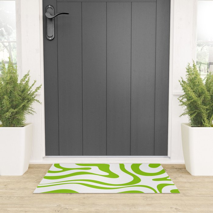 Retro Modern Liquid Swirl Abstract Pattern Bright Lime Green and White Welcome Mat Gallery Image 3