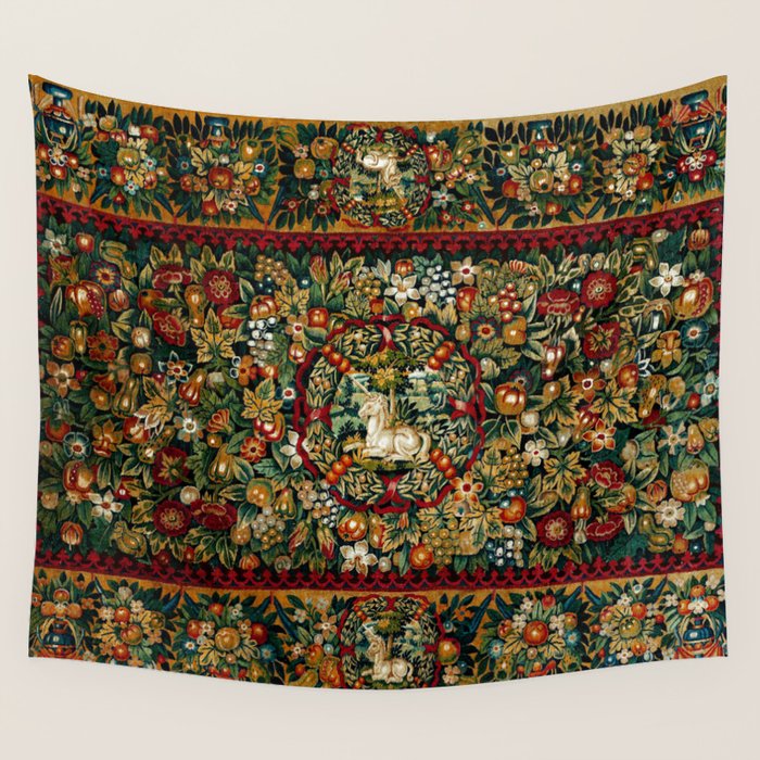 Medieval Unicorn Midnight Floral Garden Wall Tapestry Gallery Image 1