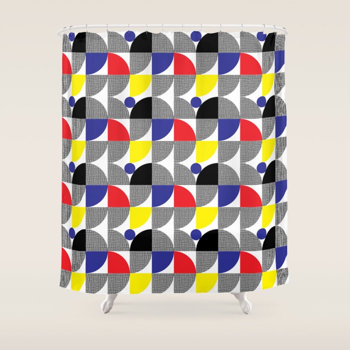 Textured Mid-century Circles 5 - Red, Blue, Yellow On White Shower Curtain Gallery Image 1