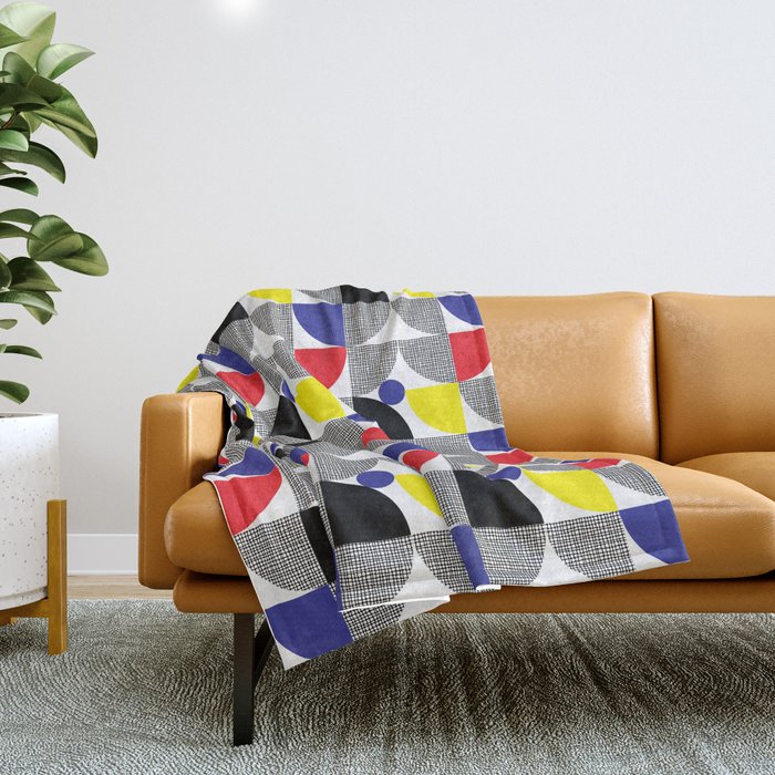 Textured Mid-century Circles 5 - Red, Blue, Yellow On White Throw Blanket Gallery Image 1