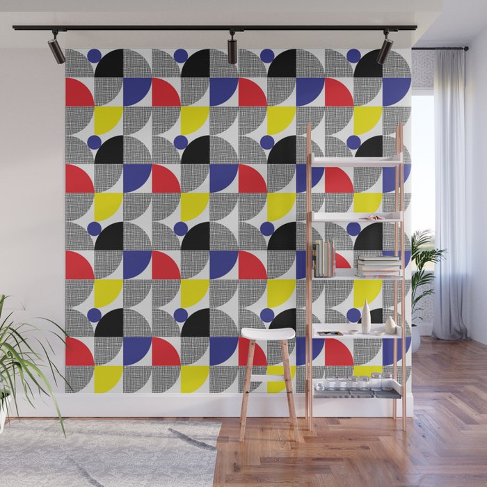 Textured Mid-century Circles 5 - Red, Blue, Yellow On White Wall Mural Gallery Image 1