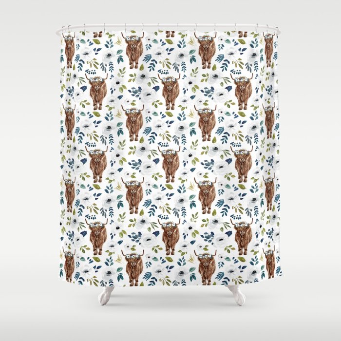 Highland Cow, Highland Cows with Flowers, Flower Crown, Floral Print, Watercolor Shower Curtain Gallery Image 1