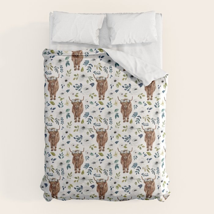Highland Cow, Highland Cows with Flowers, Flower Crown, Floral Print, Watercolor Duvet Cover Gallery Image 6