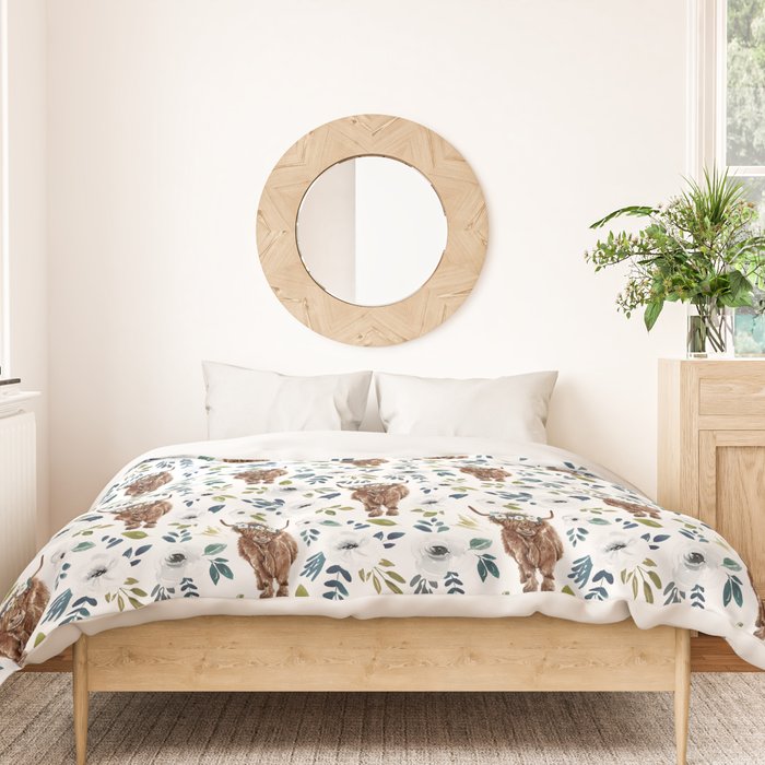Highland Cow, Highland Cows with Flowers, Flower Crown, Floral Print, Watercolor Duvet Cover Gallery Image 3