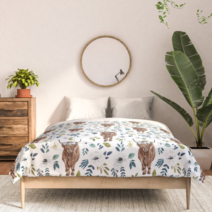Highland Cow, Highland Cows with Flowers, Flower Crown, Floral Print, Watercolor Comforter Gallery Image 3