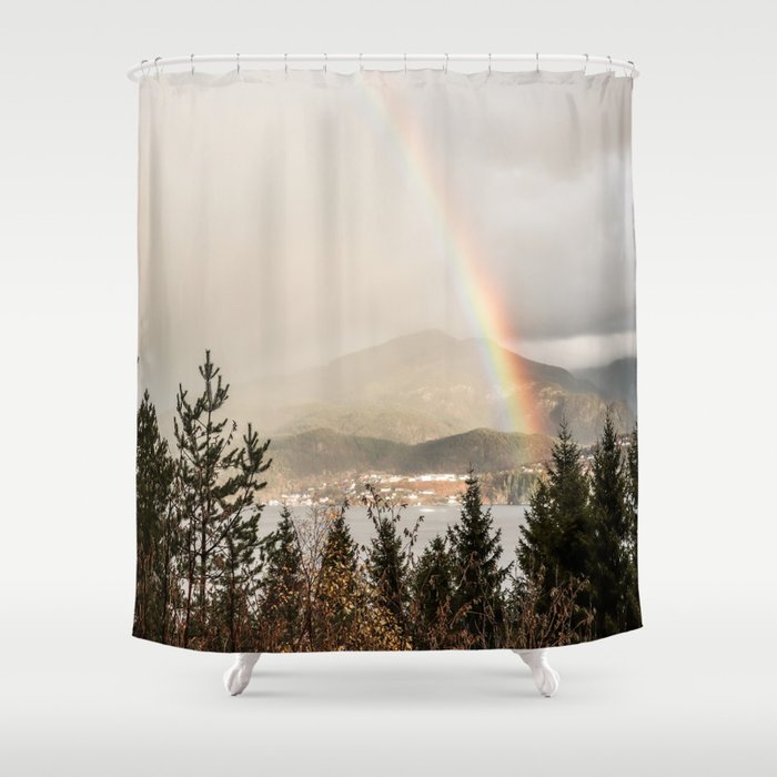 Rainbow In The Mountains | Lake In Norway Photo Art Print  | Nature Landscape Travel Photography Shower Curtain Gallery Image 1