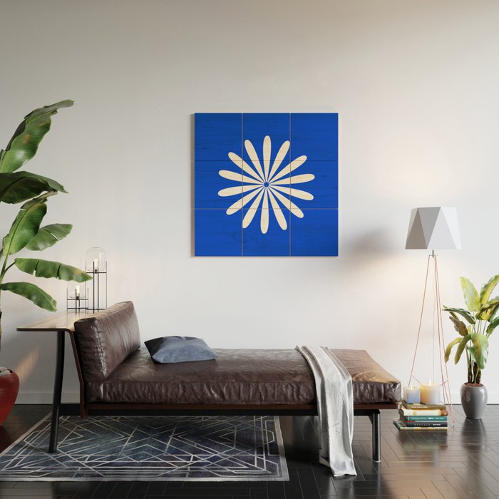 Big Daisy Retro Minimalism in Royal Blue and White Wood Wall Art Gallery Image 2