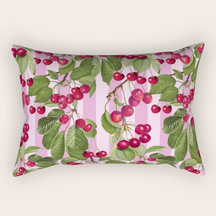 Lush Cherry Orchard Sweet Summer Fruits On Pink Stripes Rectangular Pillow Gallery Image 2