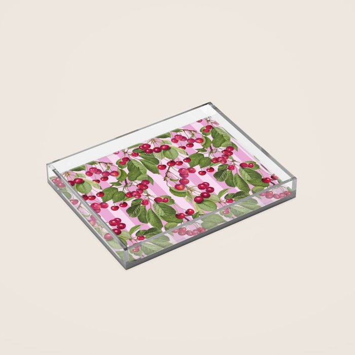 Lush Cherry Orchard Sweet Summer Fruits On Pink Stripes Acrylic Tray Gallery Image 2