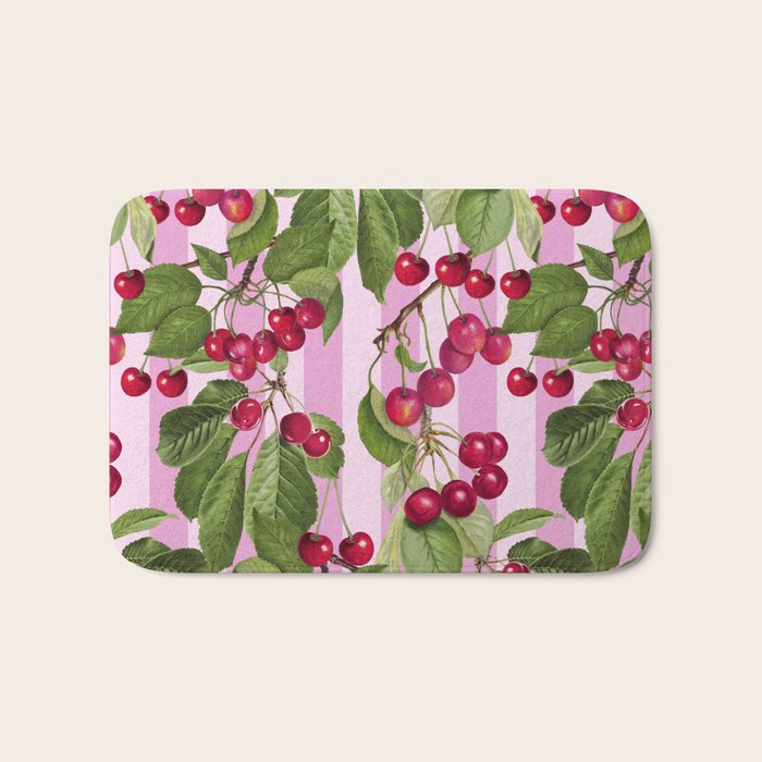 Lush Cherry Orchard Sweet Summer Fruits On Pink Stripes Bath Mat Gallery Image 1