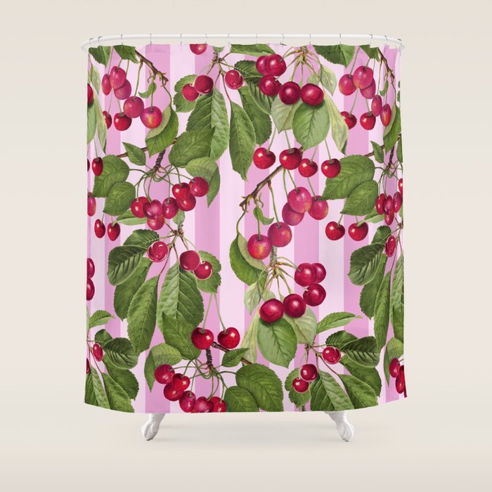 Lush Cherry Orchard Sweet Summer Fruits On Pink Stripes Shower Curtain Gallery Image 1