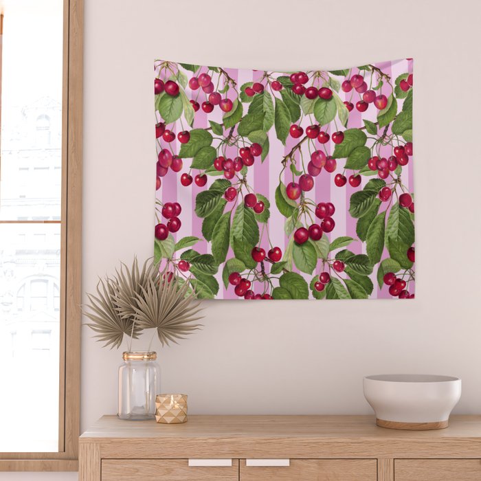 Lush Cherry Orchard Sweet Summer Fruits On Pink Stripes Wall Tapestry Gallery Image 2