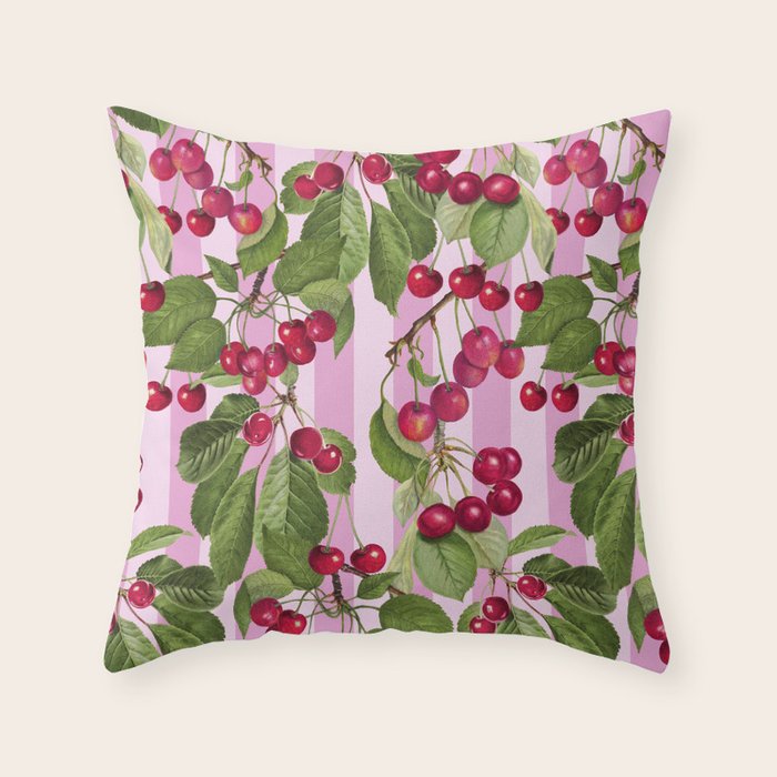 Lush Cherry Orchard Sweet Summer Fruits On Pink Stripes Throw Pillow Gallery Image 6