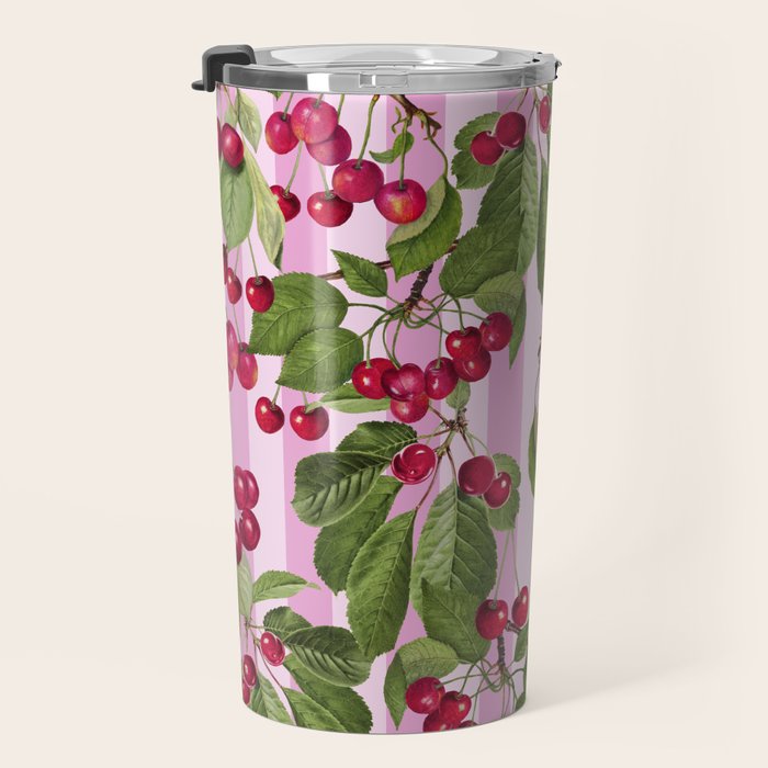 Lush Cherry Orchard Sweet Summer Fruits On Pink Stripes Travel Mug Gallery Image 3
