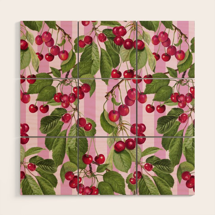 Lush Cherry Orchard Sweet Summer Fruits On Pink Stripes Wood Wall Art Gallery Image 1