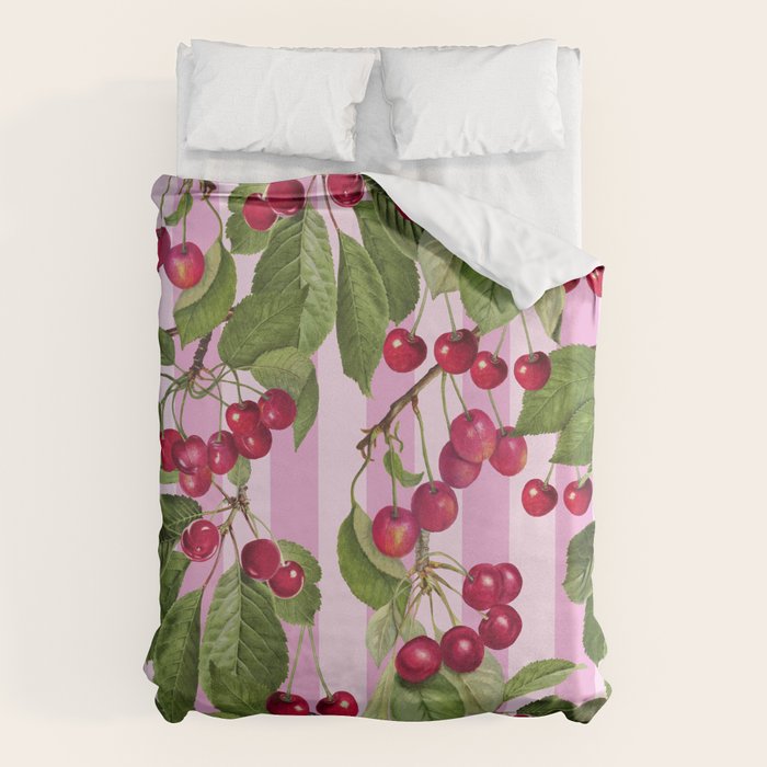 Lush Cherry Orchard Sweet Summer Fruits On Pink Stripes Duvet Cover Gallery Image 1
