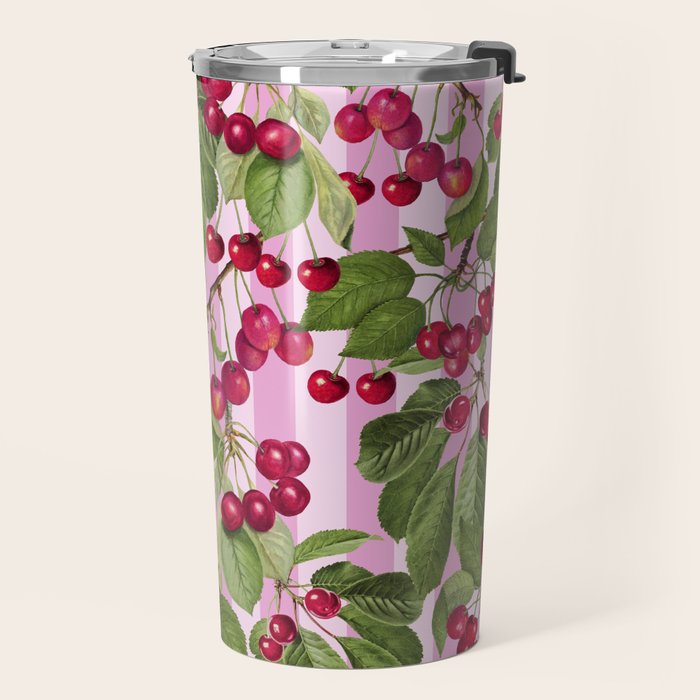 Lush Cherry Orchard Sweet Summer Fruits On Pink Stripes Travel Mug Gallery Image 2