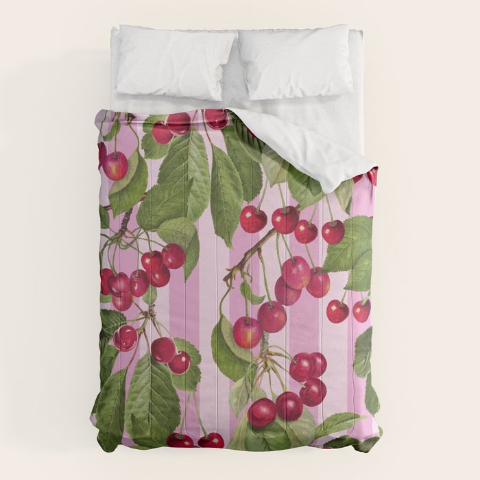 Lush Cherry Orchard Sweet Summer Fruits On Pink Stripes Comforter Gallery Image 1