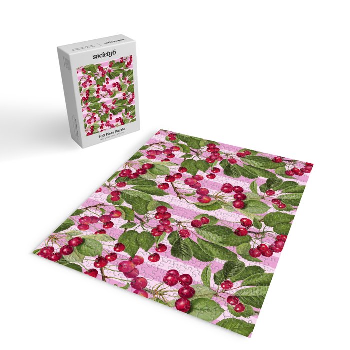 Lush Cherry Orchard Sweet Summer Fruits On Pink Stripes Jigsaw Puzzle Gallery Image 2