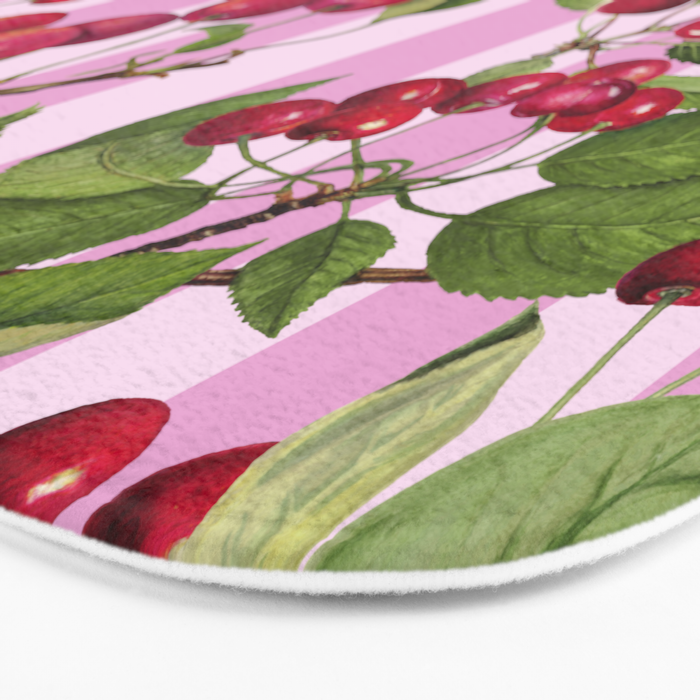 Lush Cherry Orchard Sweet Summer Fruits On Pink Stripes Bath Mat Gallery Image 3