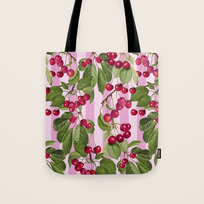 Lush Cherry Orchard Sweet Summer Fruits On Pink Stripes Tote Bag Gallery Image 1