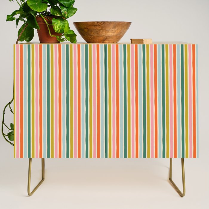 Colorful vintage stripe line art pattern Credenza Gallery Image 1