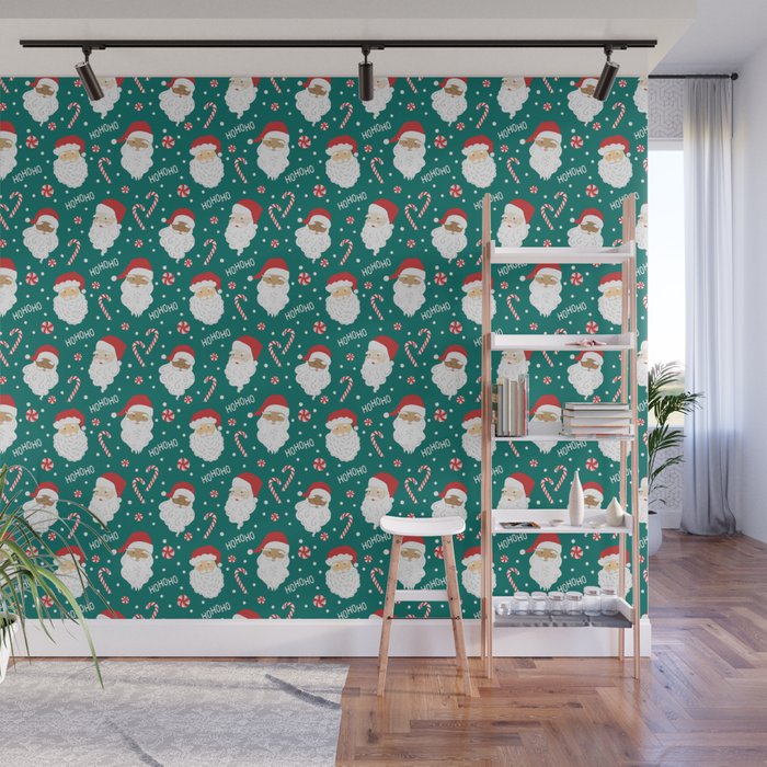 Peppermint Santas on Vivid Teal Wall Mural Gallery Image 1