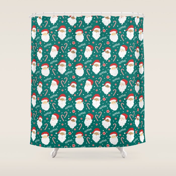 Peppermint Santas on Vivid Teal Shower Curtain Gallery Image 1