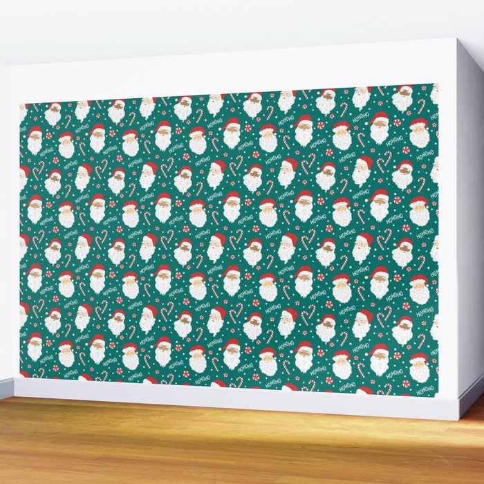 Peppermint Santas on Vivid Teal Wall Mural Gallery Image 2