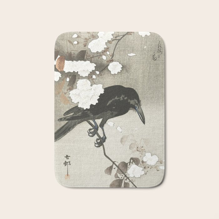 Raven on Cherry tree - Japanese vintage woodblock print Bath Mat Gallery Image 1