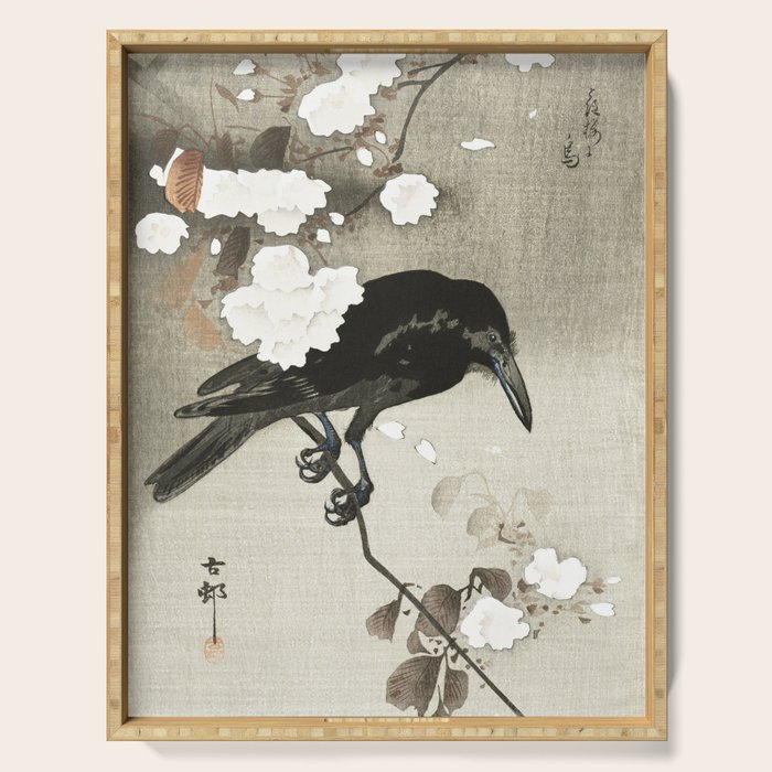 Raven on Cherry tree - Japanese vintage woodblock print Serving Tray Gallery Image 1