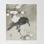 Raven on Cherry tree - Japanese vintage woodblock print Throw Blanket Gallery Image 2