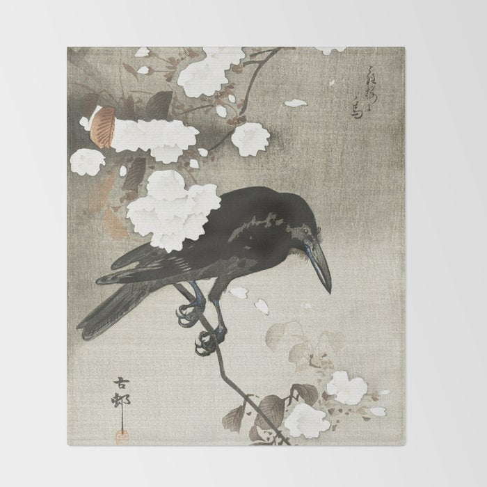Raven on Cherry tree - Japanese vintage woodblock print Throw Blanket Gallery Image 2