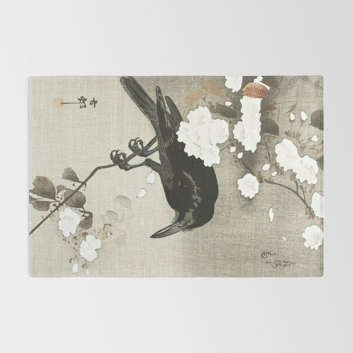 Raven on Cherry tree - Japanese vintage woodblock print Rug Gallery Image 2