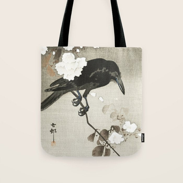 Raven on Cherry tree - Japanese vintage woodblock print Tote Bag Gallery Image 1