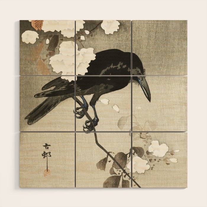Raven on Cherry tree - Japanese vintage woodblock print Wood Wall Art Gallery Image 1