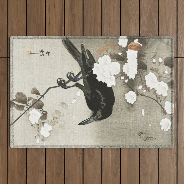 Raven on Cherry tree - Japanese vintage woodblock print Outdoor Rug Gallery Image 1