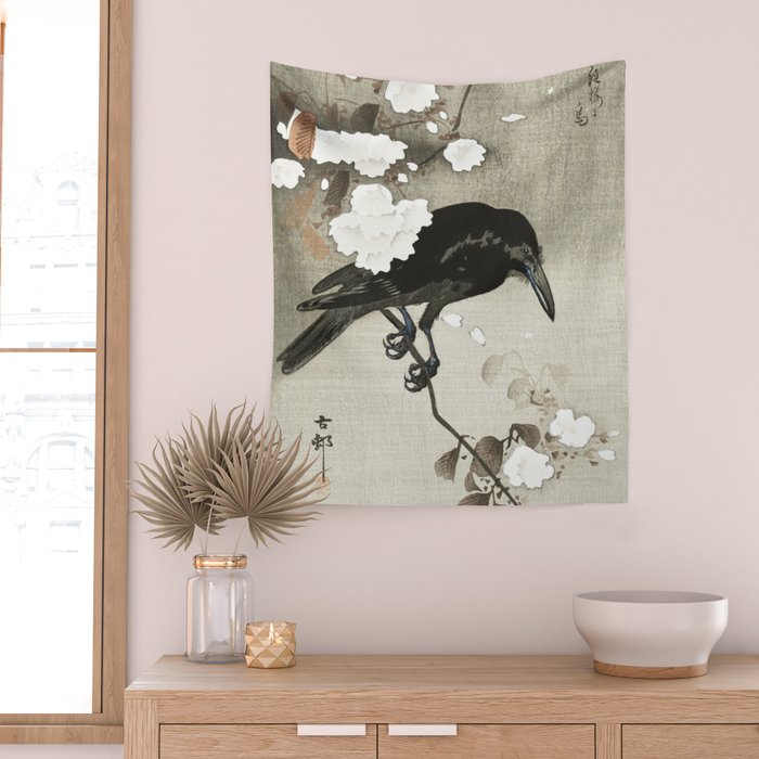 Raven on Cherry tree - Japanese vintage woodblock print Wall Tapestry Gallery Image 2
