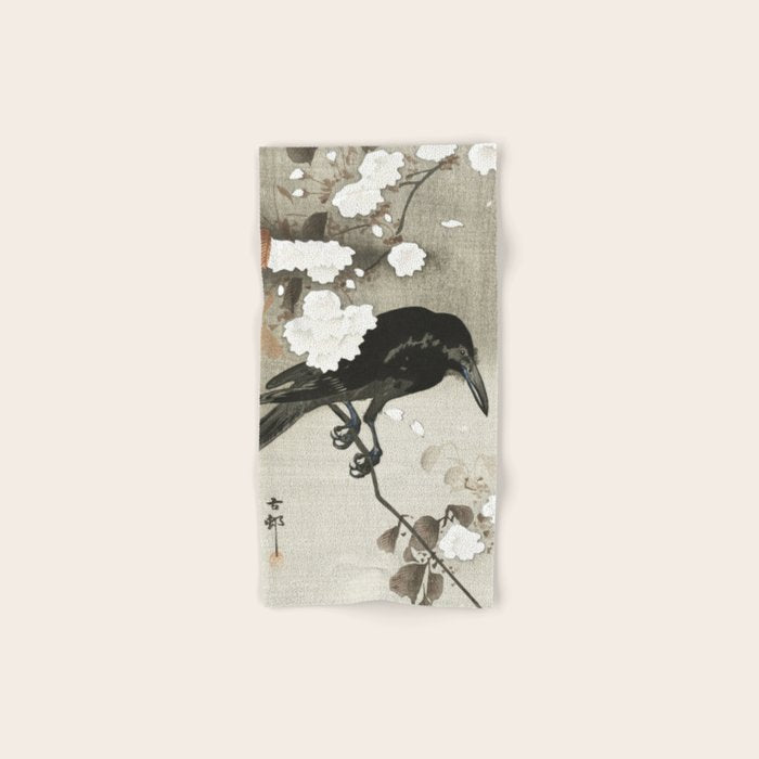 Raven on Cherry tree - Japanese vintage woodblock print Bath Towel Gallery Image 1
